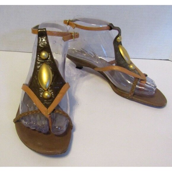 Johnny Montini Sandals Kitten Heel Brown Leather Strappy Italian Sz 36 US 6 - Picture 1 of 7